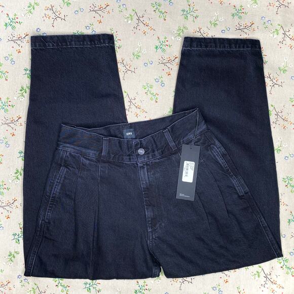 Women's Pleated Jeans Straight High Waisted Black Denim Size 28 Retro 90s 80s